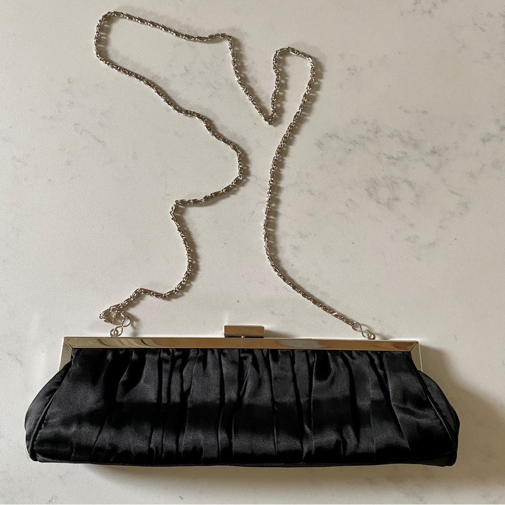 Cache Black Satin Clutch Silver Chain Evening Shoulder Bag Cocktail Formal Purse